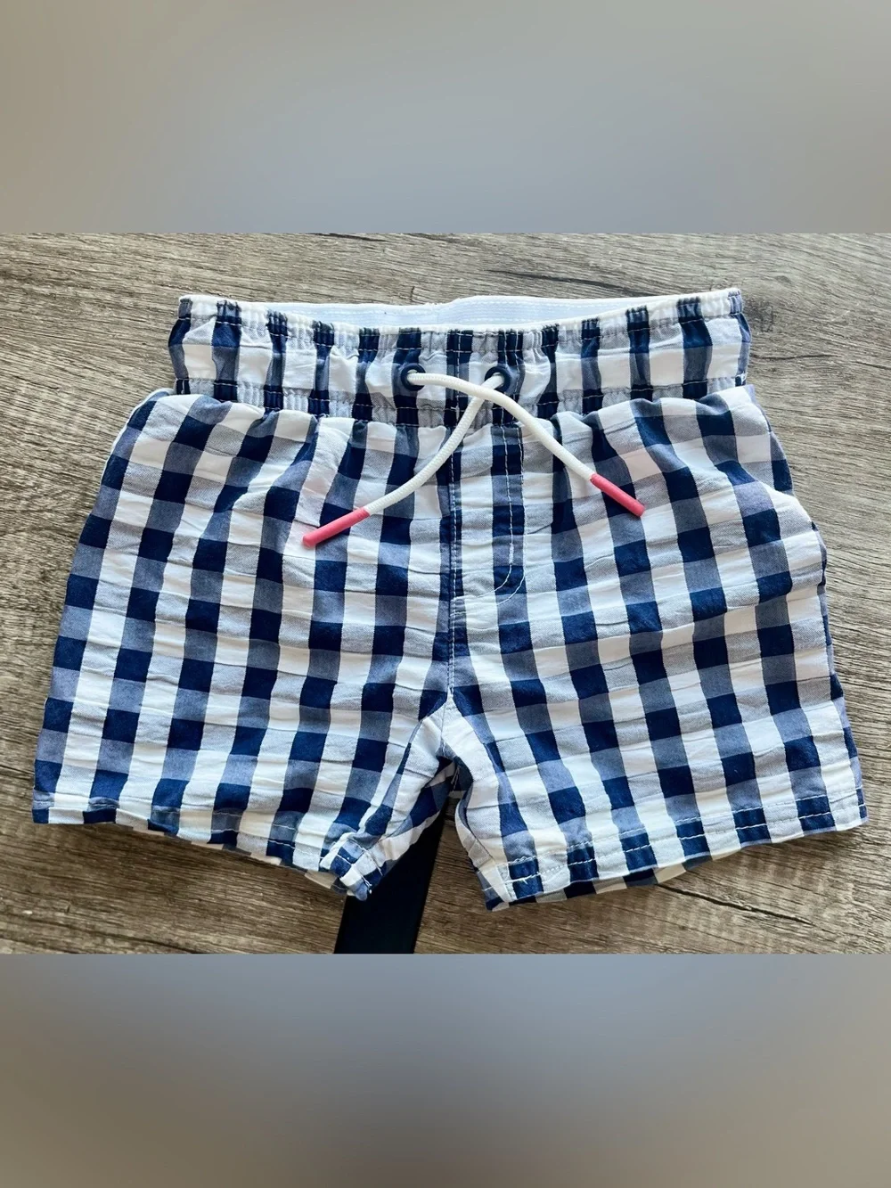 Cat & Jack Navy and White Gingham Swim Shorts with Pink-Tip Drawstring
